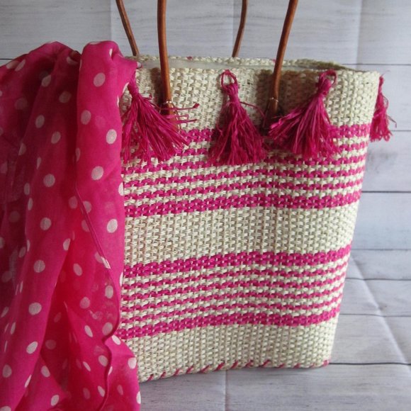 Handbags - Handmade Pink Striped Raffia Tote